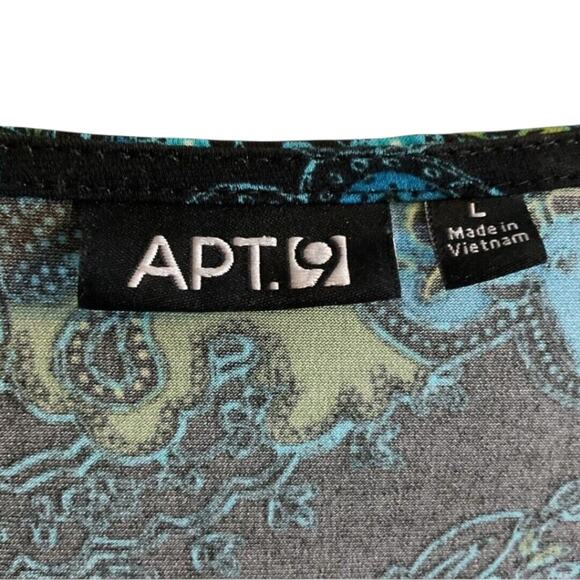 Apt 9 Tunic Shirt Women’s SZ L Teal Black Paisley Stretch Knit Empire Waist - Picture 2 of 9